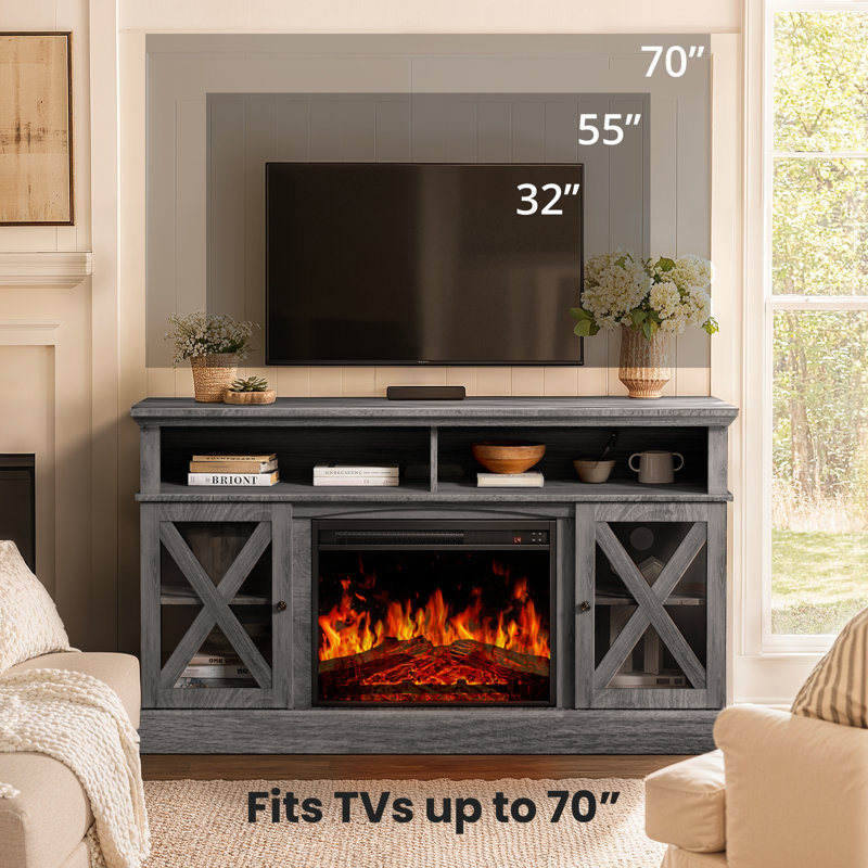 Jinora Farmhouse TV Stand For TVs Up To 70" With Electric Fireplace Included