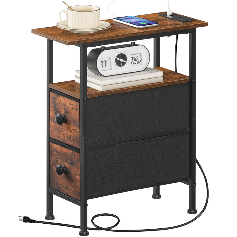 Narrow End Table with Charging Station, Rustic Brown/Black, 23.6" H x 18.9" L x 7.8" D