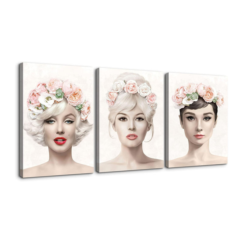 Marilyn Monroe, Audrey Hepburn et Brigitte Bardot, impression murale sur toile 3 panneaux