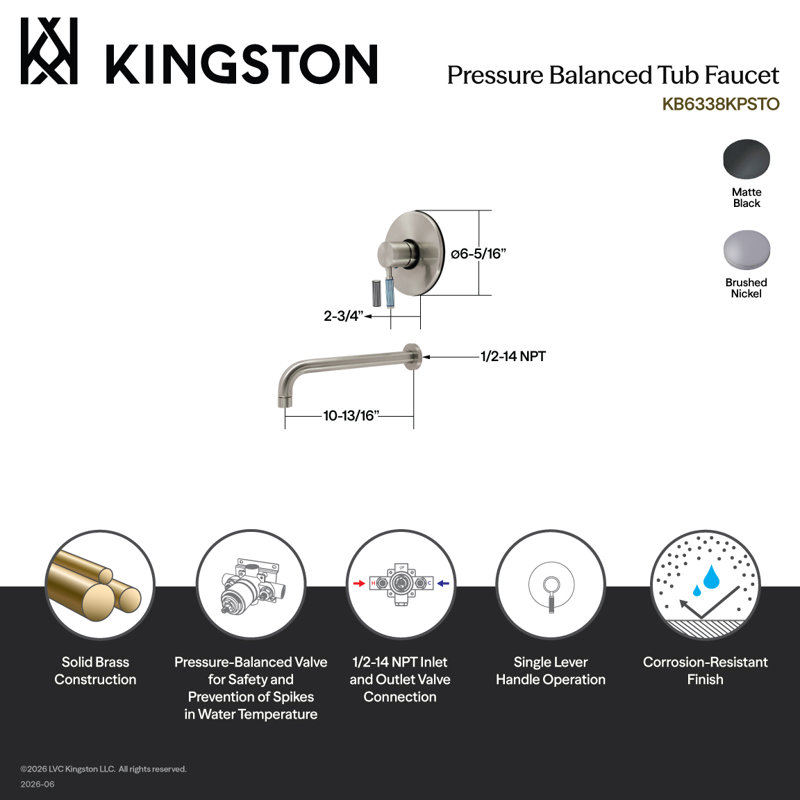 Robinet de baignoire à pression équilibrée à poignée simple Kingston Brass Verona, Noir mat