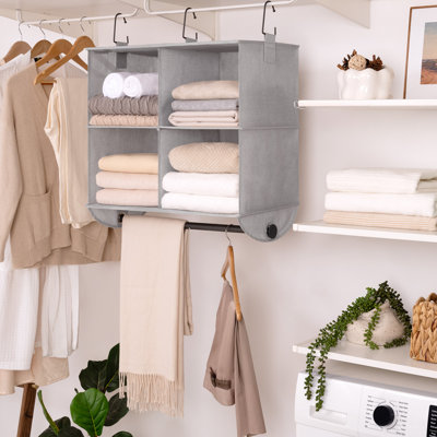 Hanging Closet Organizer with Metal Rod, Collapsible Hanging Shelves, 4-Section, Gray