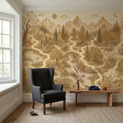 Papier peint rétro paysage boisé sépia Toile beige montagnes et forêt