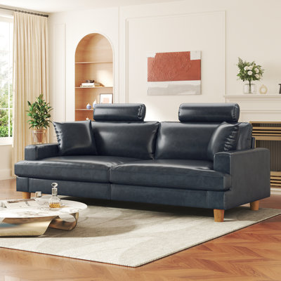 Canapé classique en similicuir de 87 po de largeur, causeuse moderne de style Mid-Century avec accoudoirs larges et accoudoirs rembourrés, structure en bois massif