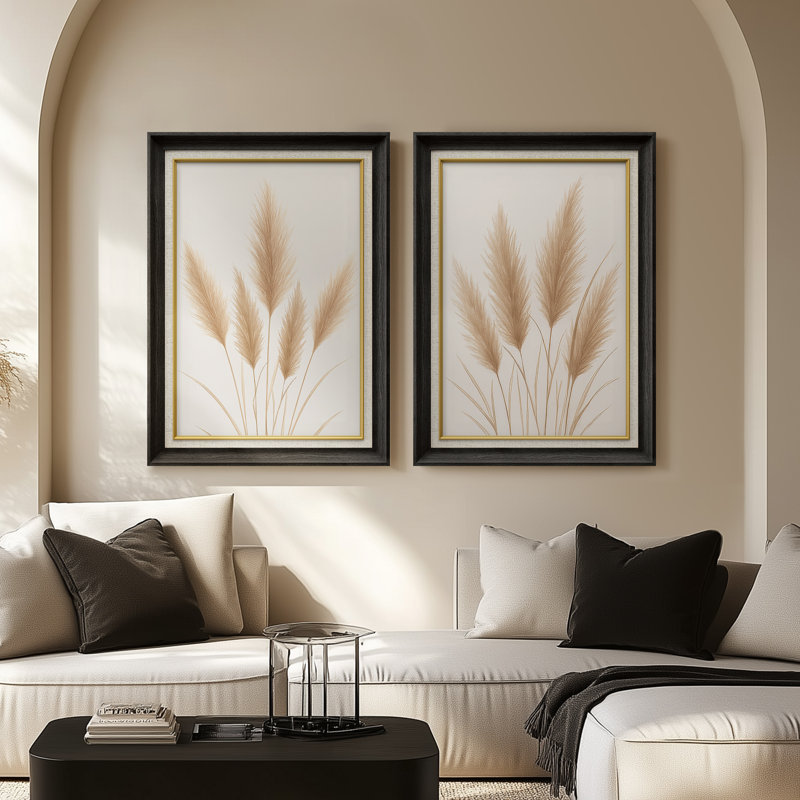 «Pampas Grass Elegant Botanical Prints for Natural and Scandinavian Home Decor», ensemble de 2 reproductions d'art mural encadrées de qualité supérieure sur papier 26 po x 36 po