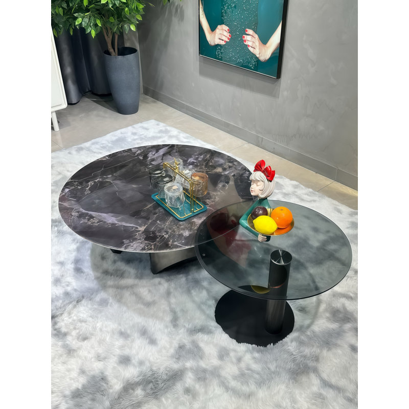 Ensemble de tables basses de luxe en marbre et verre - Design moderne avec base en métal élégant