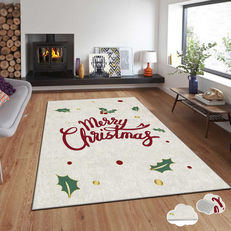 Tapis rectangulaire tissé à la machine en polyester blanc / vert / rouge, Rectangle 3 pi 3 po x 4 pi 7 po