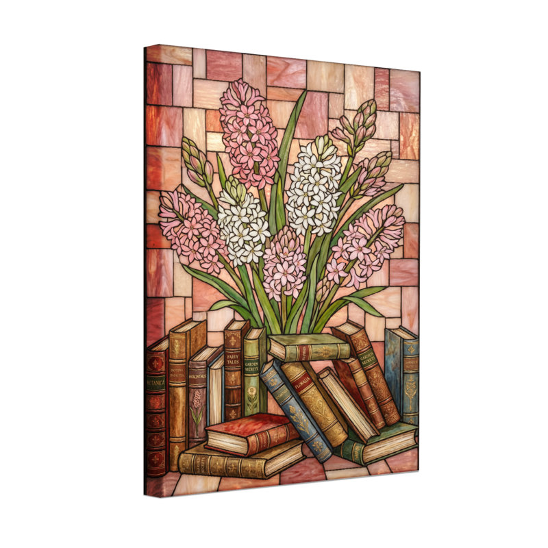 Plantes et fleurs, vitrail, fleurs, livres, art, H 24 po x l 16 po
