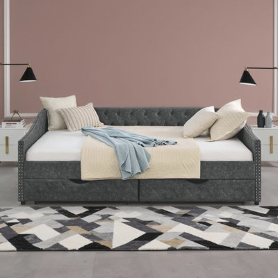 Queen Size Daybed with Drawers - Tufted Sofa Bed with Copper Nail Trim