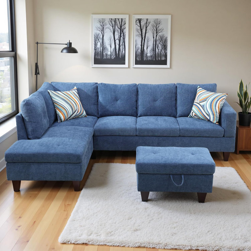 3-Piece Linen Sectional Sofa, Left Hand Facing, Blue