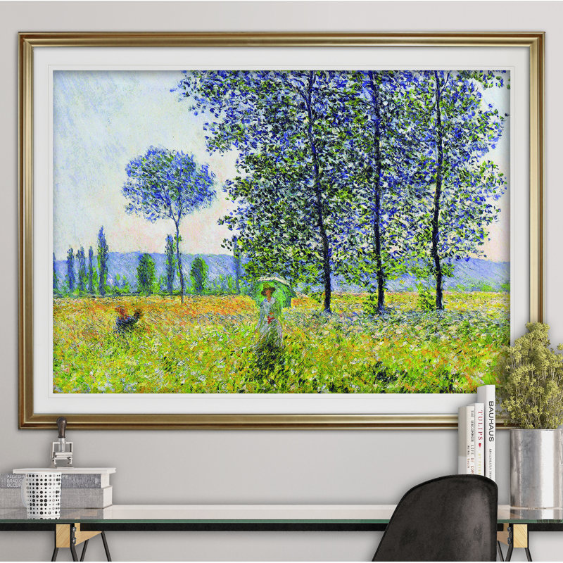 «Field in Spring», reproduction sur toile par Claude Monet, Impression encadrée, H 31 po x l 43 po, Doré