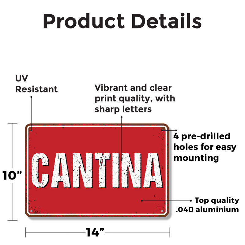 Enseigne de fantaisie en aluminium 10 po x 14 po Cantina, H 10 po x l 14 po x P 0,1 po