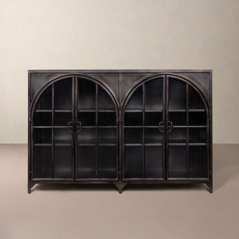 Metal and Glass Side Board with Arched Doors and 1 Shelf, Black, Black