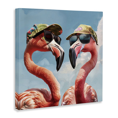 "Flamants avec chapeaux tropicaux", art mural par Jim Baldwin