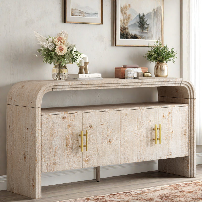 4-door Elegant Console Table With Natural Embossed Texture, Curved Edge And Metal Handles, Natural Wood