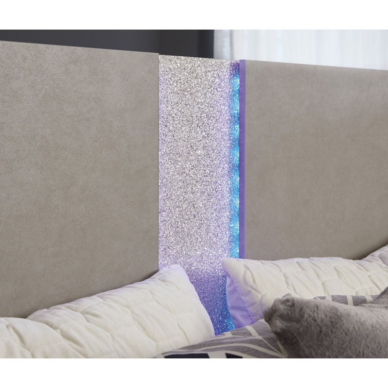 Gray Leather and Wood Queen Panel Bed with LED Lighting