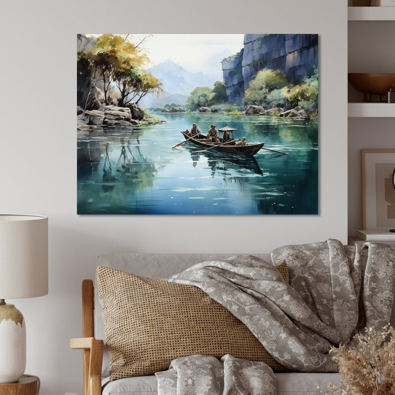 Bateau dans les voies navigables cachées du Vietnam I - décoration murale en métal Vietnam, H 16 po x l 32 po x P 1 po