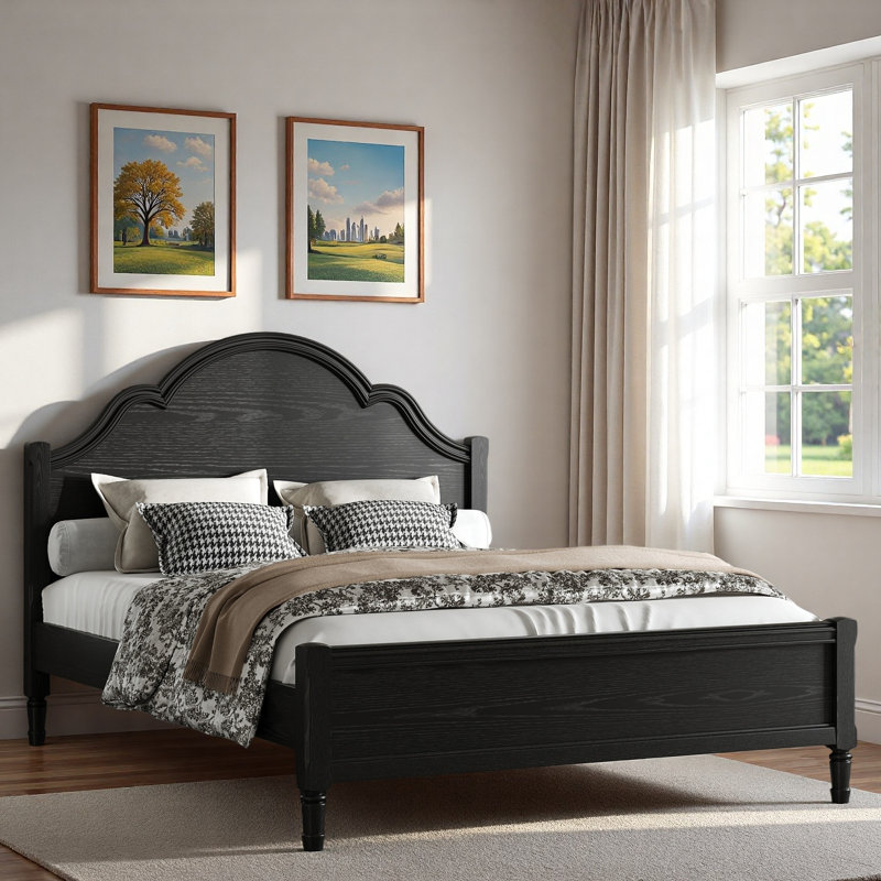 Lit plateforme en bois avec tête de lit courbée et pieds robustes, Black, Queen