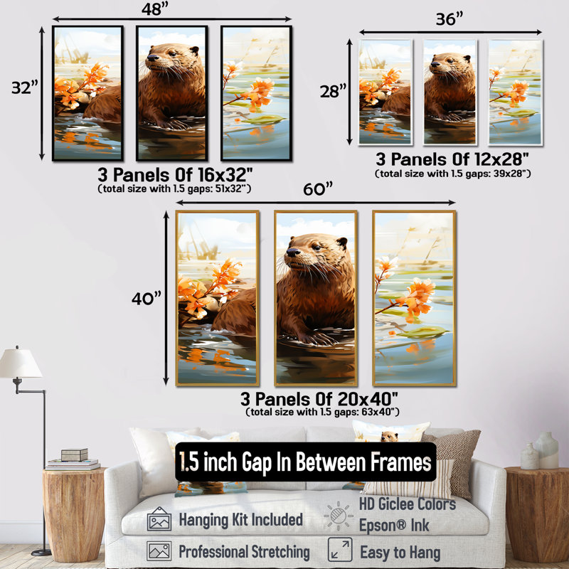 Watercolor Stream Beaver Serenity II - Beaver, art mural, Cadre flottant doré, H 40 po x l 60 po