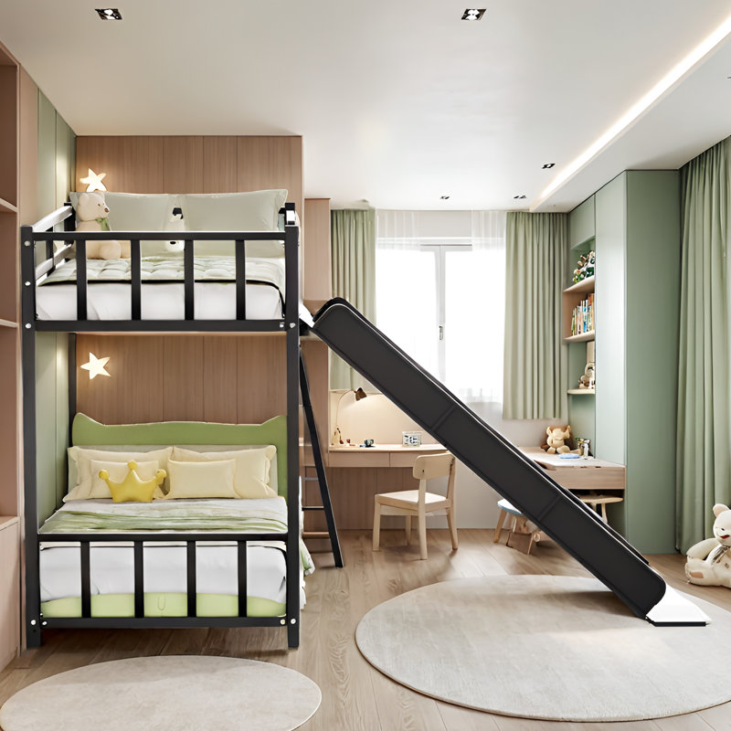 Lit superposé en métal avec glissade, teinte noire, peu encombrant pour les petites chambres à coucher, garde-corps, glissière à assemblage rapide, espaces compacts d'apparence, lit superposé, facile à compléter