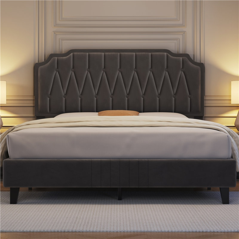 Upholstered Bed Frame with with Diamond Button-Tufted Headboard, Double (4'6), Dark Grey