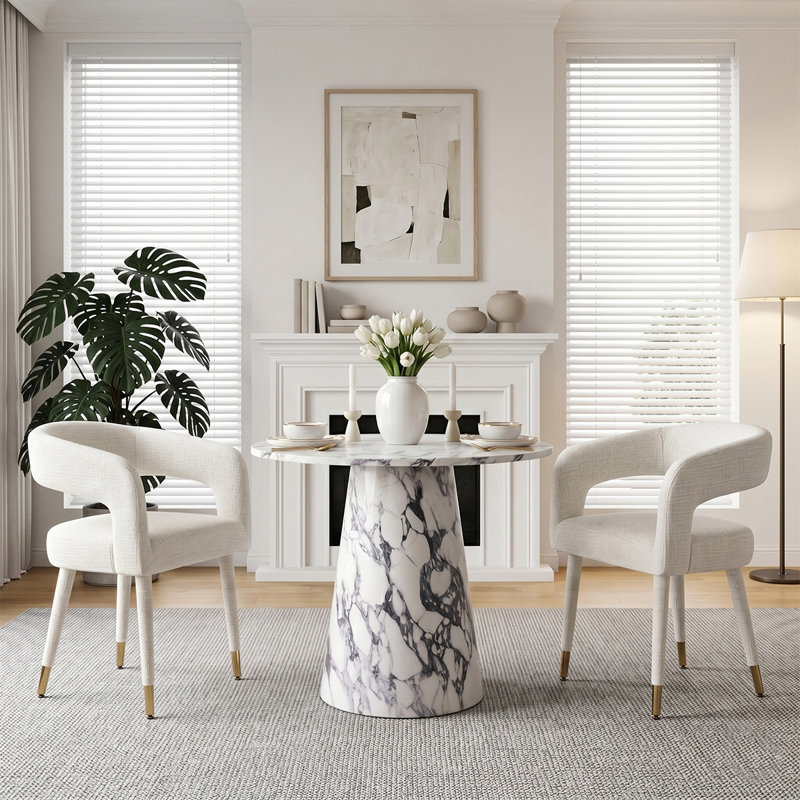 Modern 35" Faux Marble Round Dining Set For 2 With Upholstered Arm Chairs, Beige