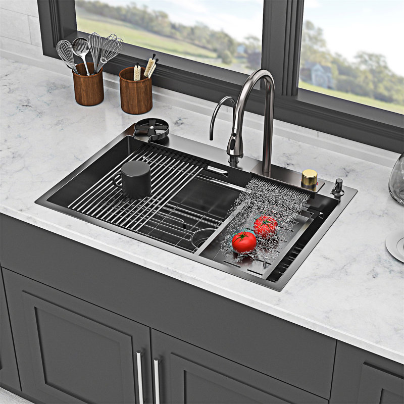 Évier de cuisine à simple cuve avec robinet escamotable et laveuse à tasse