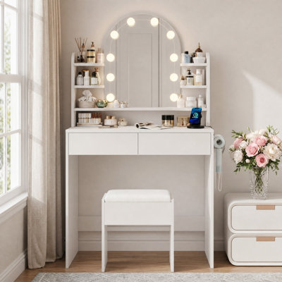 Makeup Vanity With Lighted Mirror & Power Outlet, Modern Small Vanity Desk with Side Storage Shelves For Bedroom