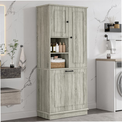 Grande armoire de rangement avec tablettes réglables, grand panier rabattable et armoires fermées - parfait pour la salle de bain, le salon ou le bureau, matériau en bois aggloméré avec poignées en alliage d'aluminium