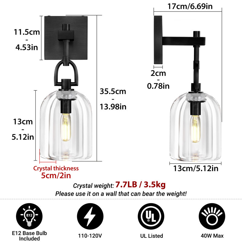 1-light Dimmable Modern Brass Wall Sconce With Bell Clear Glass, Matte Black
