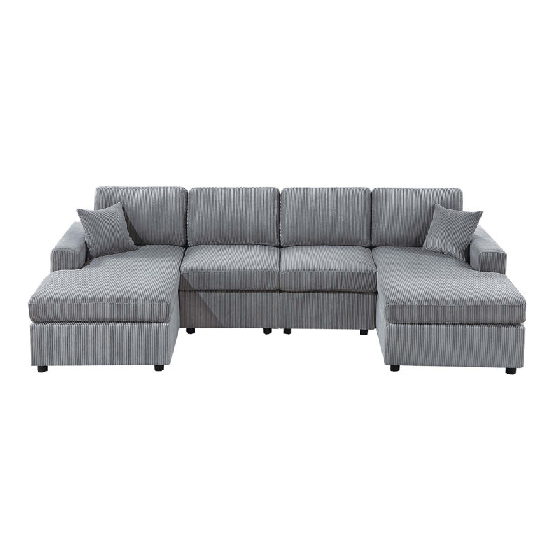 Ensemble de canapé modulaire en U avec méridienne, fauteuil sans accoudoirs et 2 coussins Iny, Velours côtelé gris