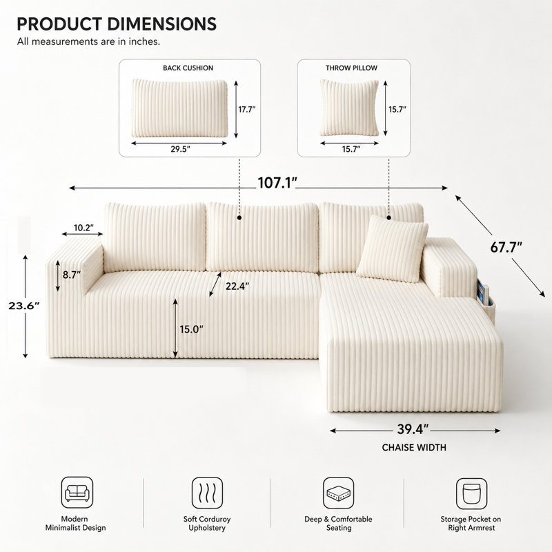 Canapé modulaire en forme de L en flanelle désossée avec siège profond, choix de méridienne orientée à droite, double poches latérales, aucun assemblage requis