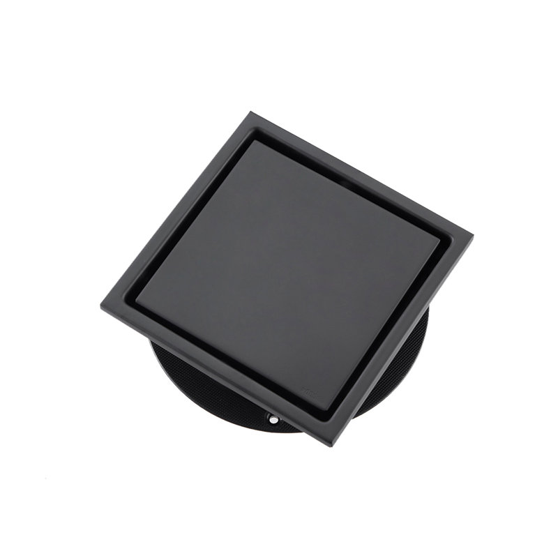 Square Stainless Steel Shower Floor Drain With Flange, Matte Black