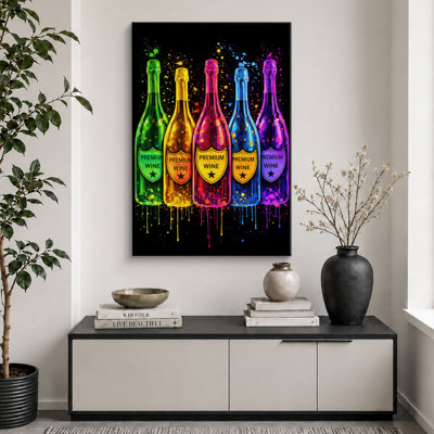 Art de bouteilles de vin néon, photos de salle de bar, impression sur toile encadrée