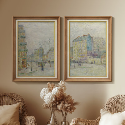 Impressionist Paris Street Scene Soft Urban Landscape – Set of 2 Premium Framed Wall Art Print on Paper 26"x36"