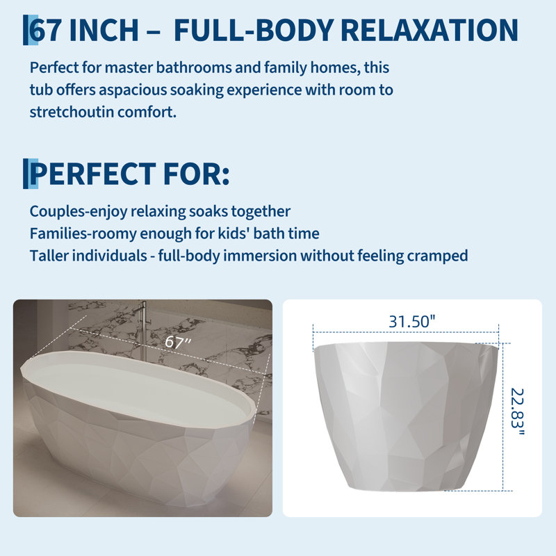 Baignoire autoportante en acrylique à texture sculptée de 67 pouces de diamètre, baignoire de luxe moderne avec trop-plein chromé et bonde escamotable pour améliorer la salle de bain