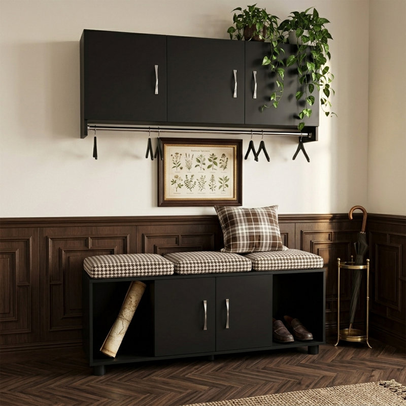 2-Piece Mudroom Storage Set With 3-Door Wall Cabinet, Hanging Rod, And 2-Door Storage Bench With Open Cubbies, Black
