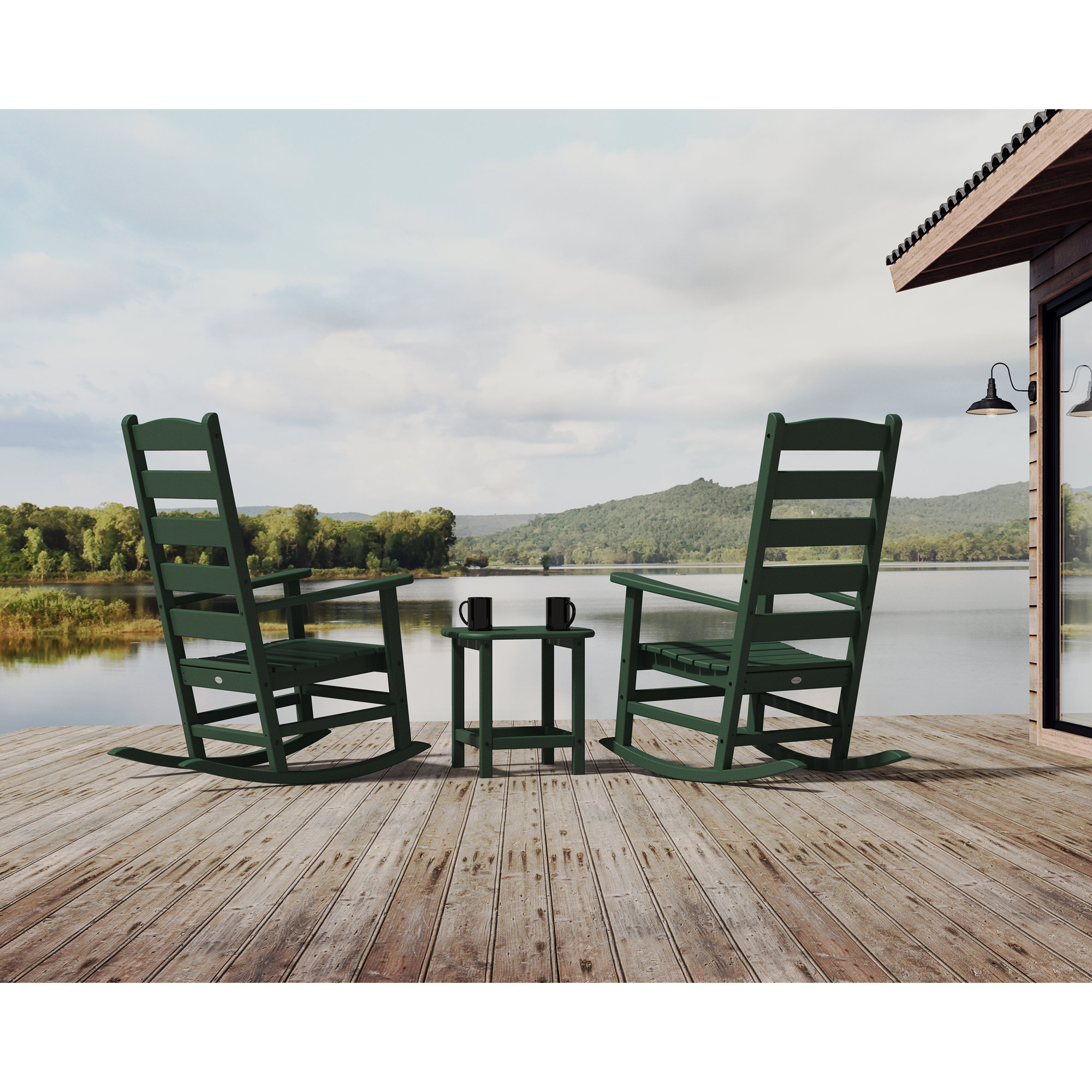 POLYWOOD Rocker 3-Piece Porch Rocking Chair Set, Green