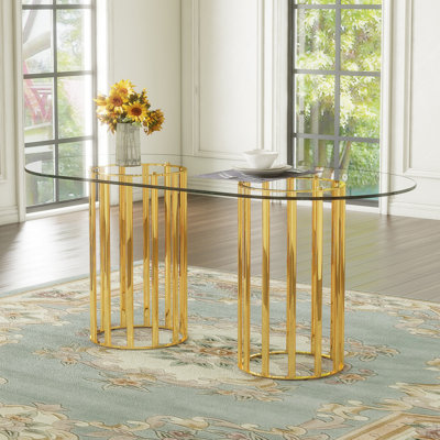 Table de salle à manger ovale en verre trempé de 71 pouces de style luxueux à double colonne dorée, en verre trempé résistant aux égratignures et facile à nettoyer. Convient pour une salle à manger de 6 à 8 personnes.
