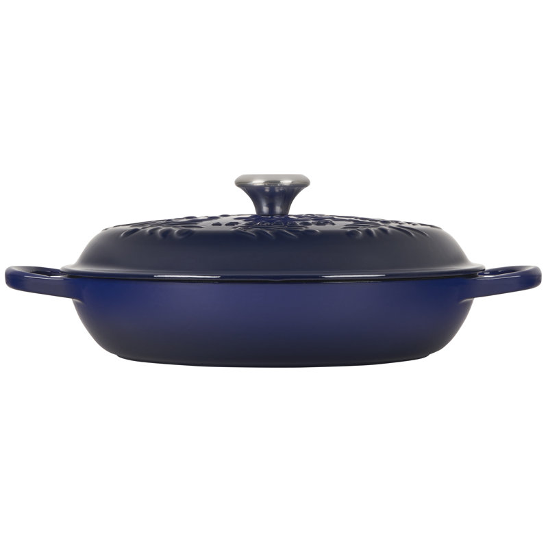 Indigo Cast Iron Round Braiser with Embossed Olive Branch Design