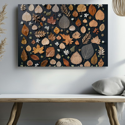 Toile, art méticuleusement agencé à plat de feuilles séchées assorties, art mural sur fond gris anthracite profond