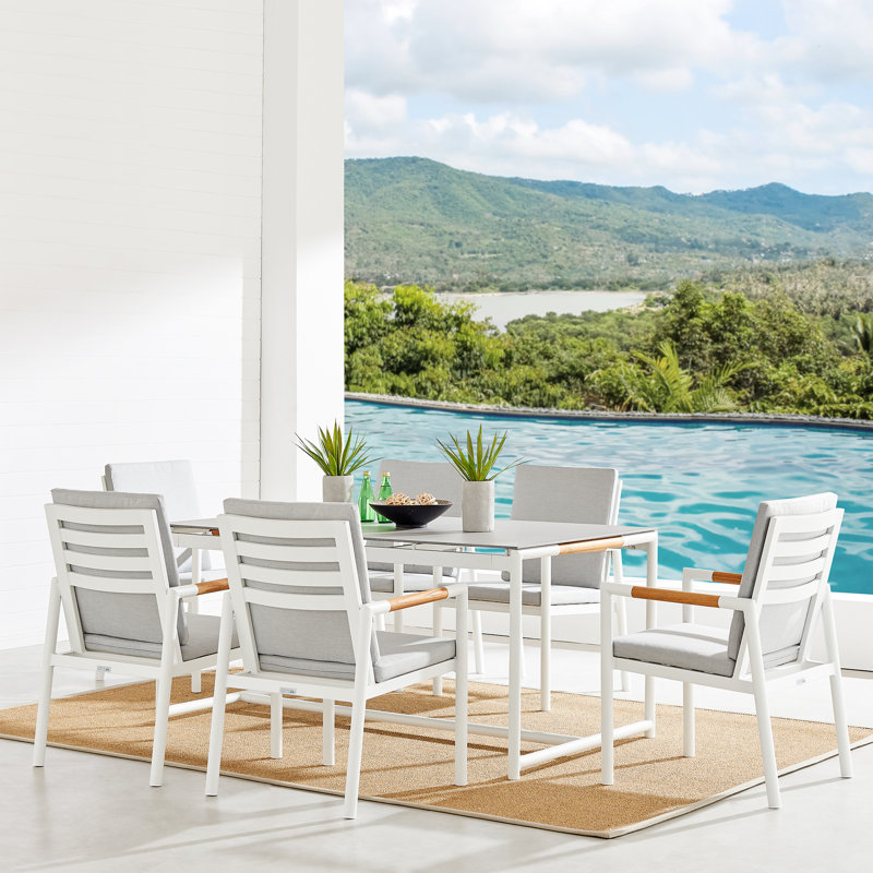 Ensemble repas d'extérieur en aluminium et teck avec coussins 7 pièces Urgeon, Tissu performance gris clair, Blanc