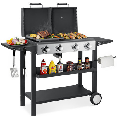 Barbecue au propane à 4 brûleurs avec double couvercle et barbecue 3 en 1 charbon de bois / gaz / plaque chauffante d'extérieur