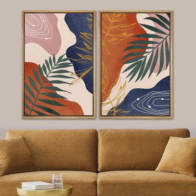 Art moderne rétro, plantes géométriques de style Mid-Century, plantes abstraites, motif bohémien, 2 pièces