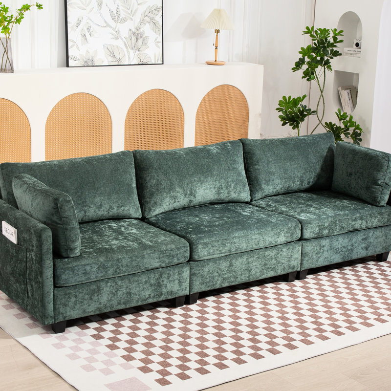 3 canapé en tissu de chenille, 110,32 x 32,55 x 34,02 po, sièges confortables, structure en bois massif, canapé à pochettes latérales faciles d'accès pour appartement, haute éponge, tissu d'ameublement teinté, foncé