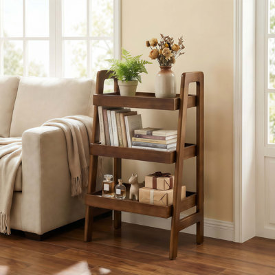 Étagère échelle 100% bois massif, petite bibliothèque échelle 3 niveaux, étagère échelle autoportante avec rangement ouvert, table d'appoint pour salon, chambre à coucher, bureau, bureau à domicile, économie d'espace, noyer