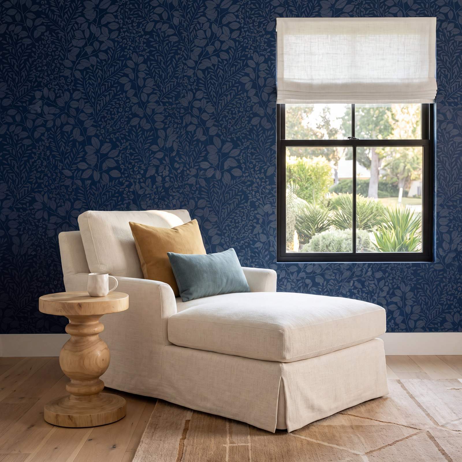 Adamina Flowers Wallpaper, Navy Blue