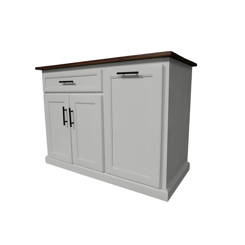 Modern 60" Solid Wood Kitchen Island with trash bin compartment, Bright White