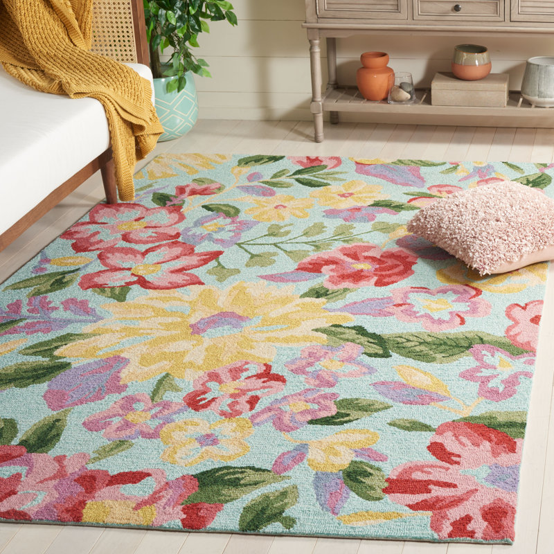 Tapis floral bleu / rose en polyester touffeté à la main Floral, Rectangle de 5 pi x 8 pi