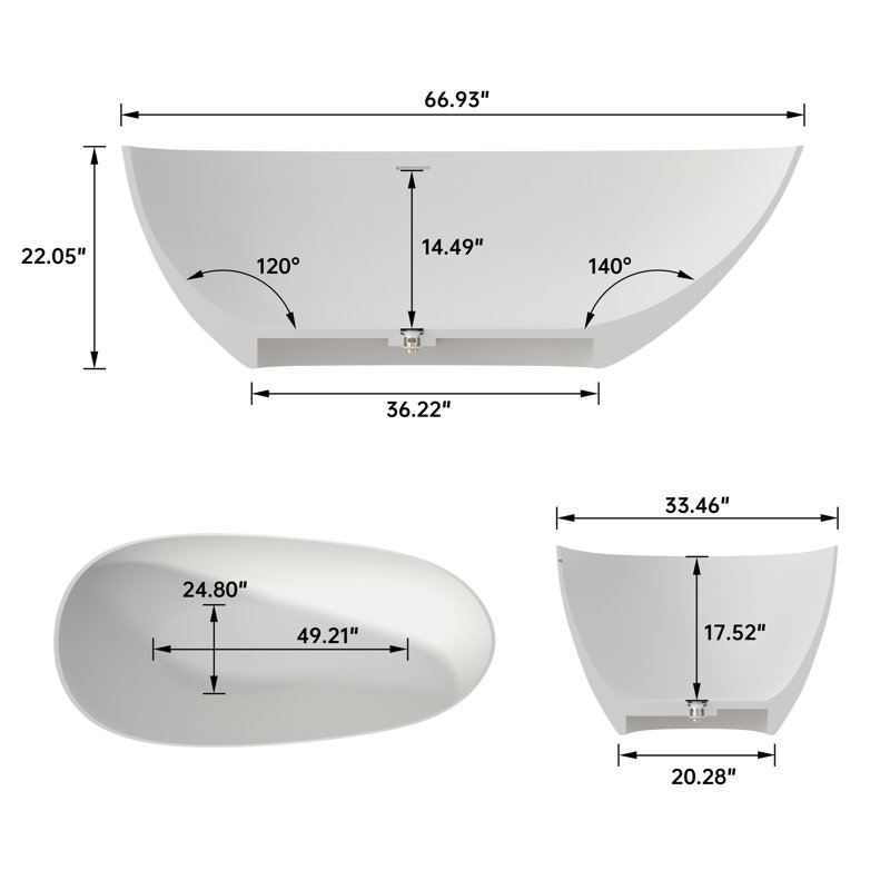 Baignoire profonde de 67 po à surface solide de qualité supérieure, Blanc mat
