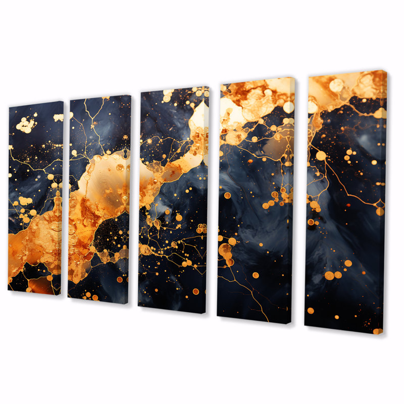 Or et galaxie noire - Tachisme, art mural 5 pièces, H 28 po x l 60 po